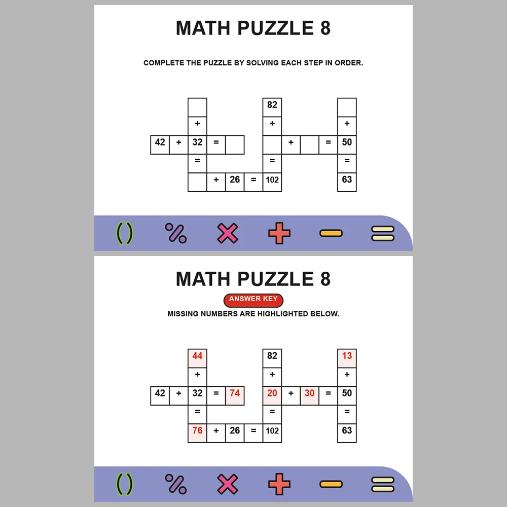 Math Puzzle Addition 10 Puzzle Pages + 10 Answer Key Pages (Vol. 5)