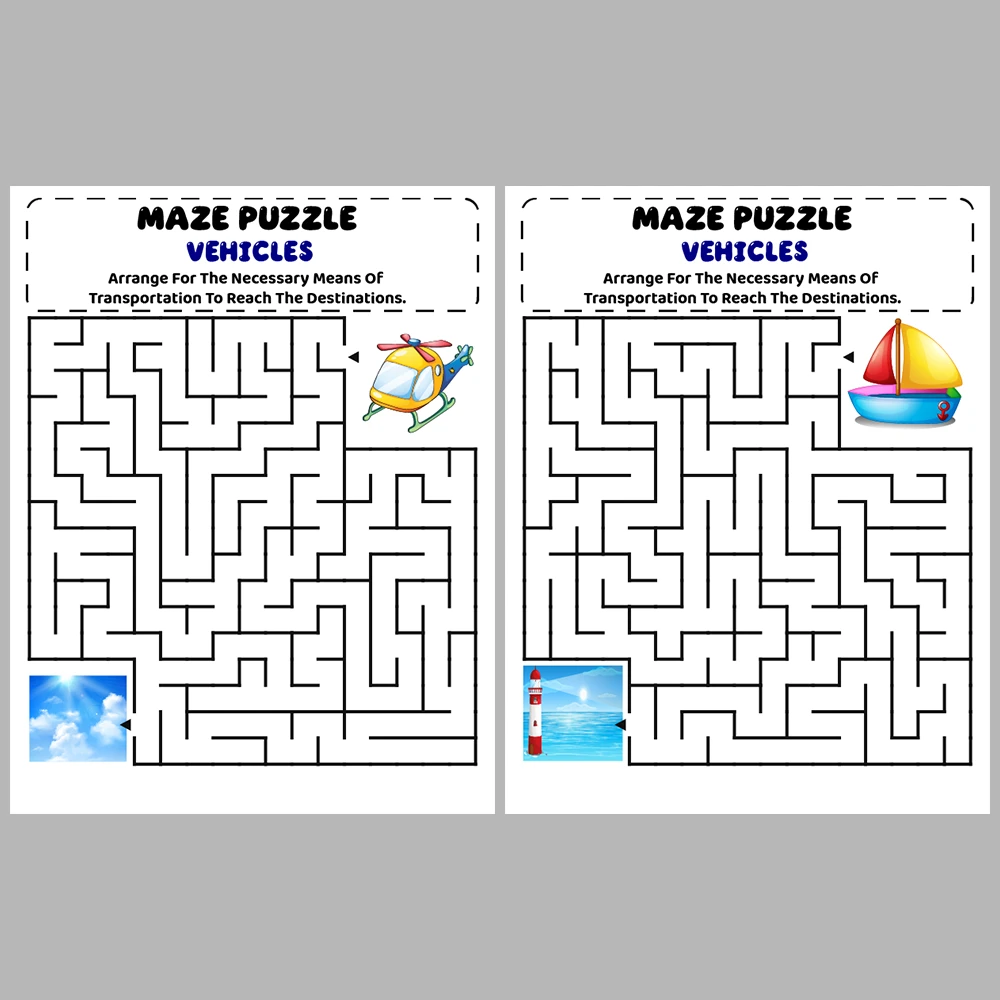 Vehicles Kids Maze Puzzle 10 Pages of Puzzles