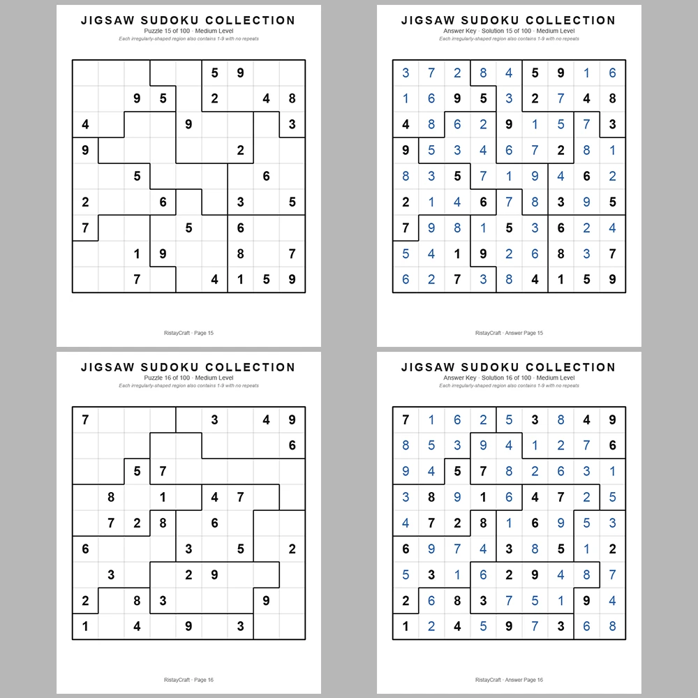Sudoku Puzzle Jigsaw Sudoku 100 Puzzle Pages + 100 Answer Key Pages