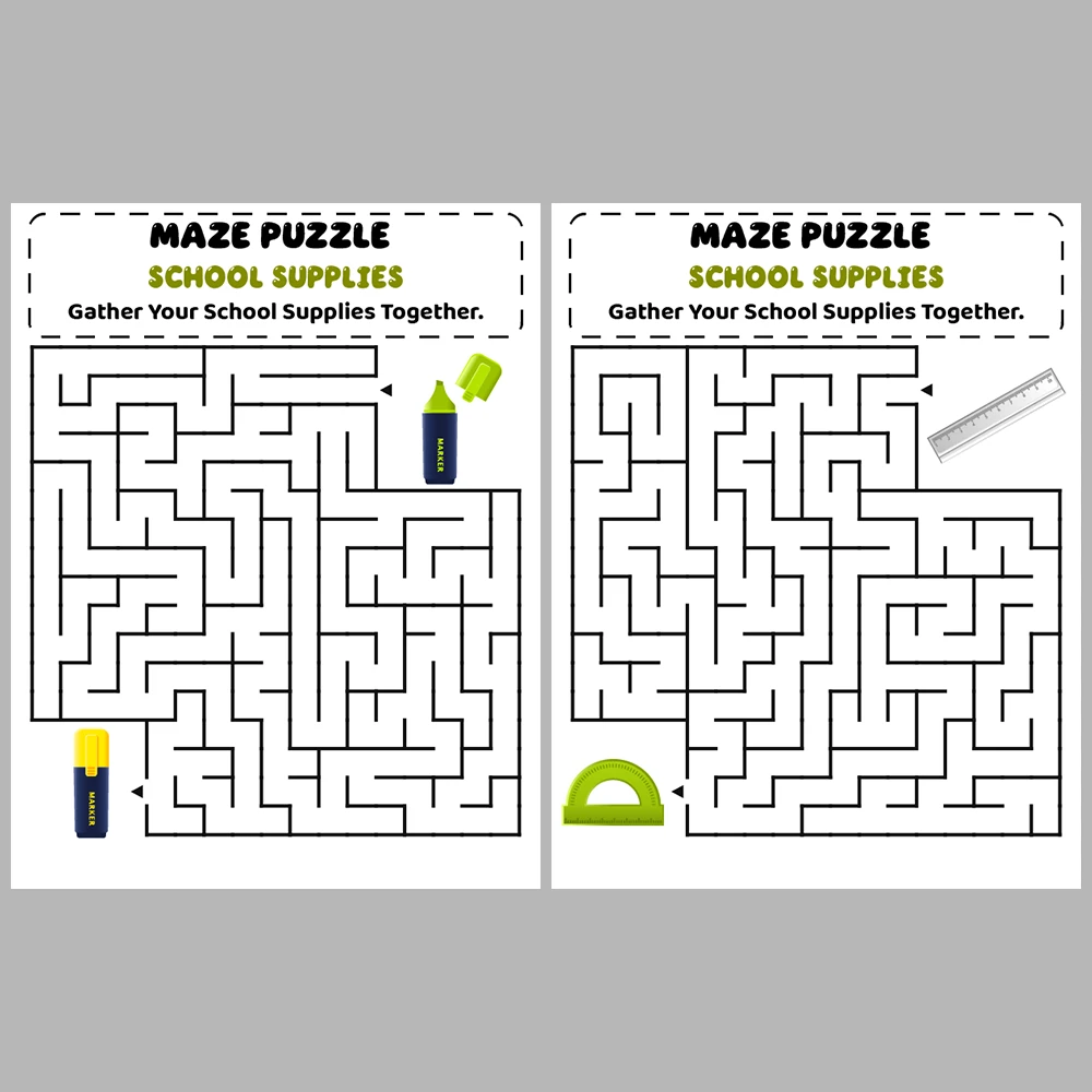 School Supplies Kids Maze Puzzle 10 Pages of Puzzles