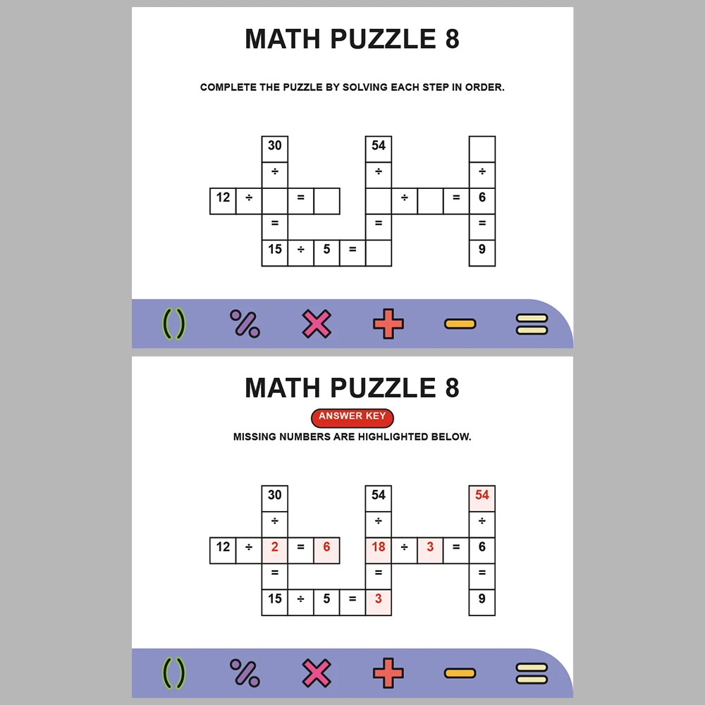 Math Puzzle Division 10 Puzzle Pages + 10 Answer Key Pages (Vol. 2)