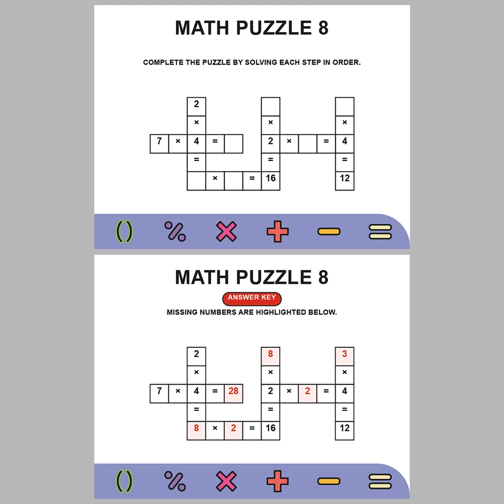 Math Puzzle Multiplication 10 Puzzle Pages + 10 Answer Key Pages (Vol. 7)