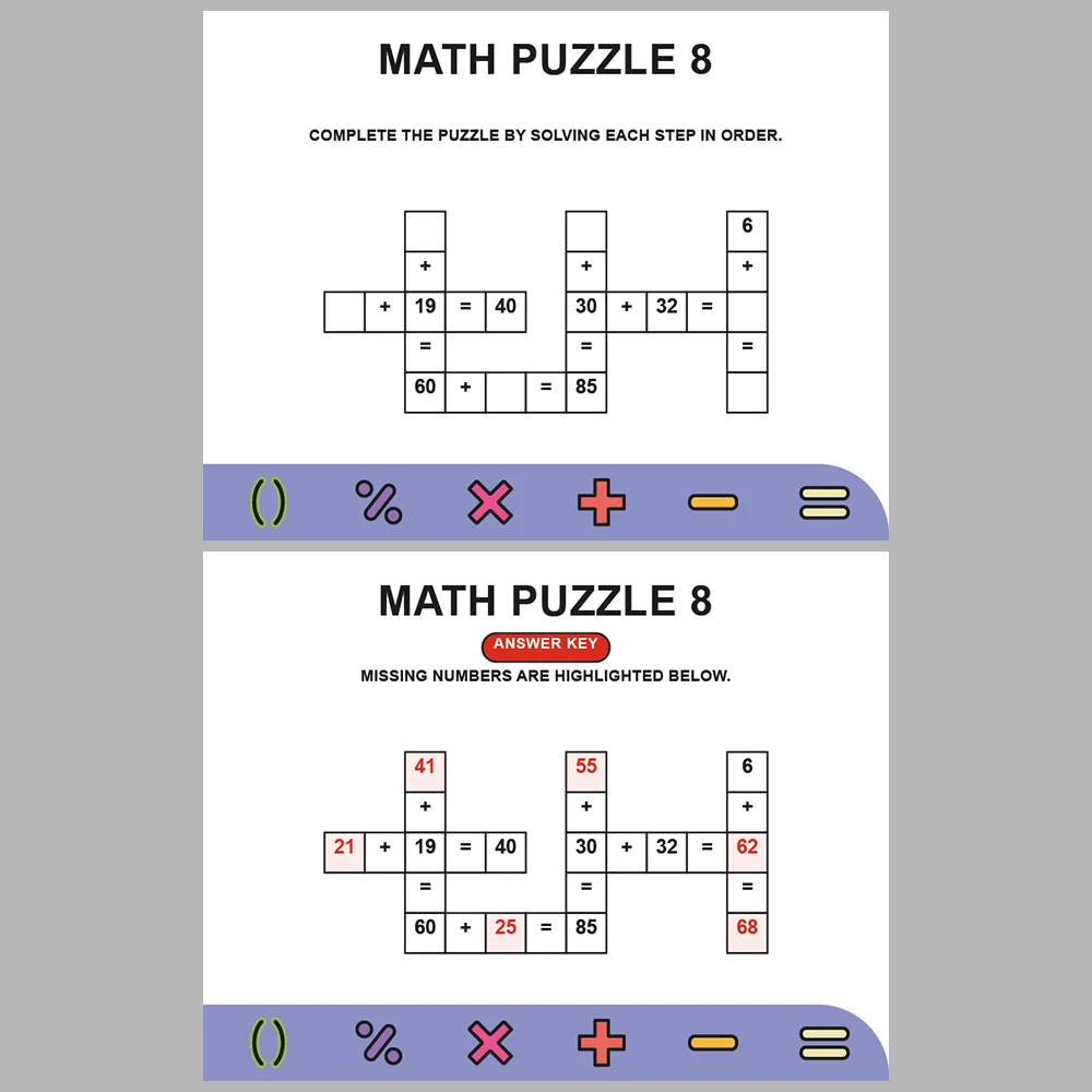 Math Puzzle Addition 10 Puzzle Pages + 10 Answer Key Pages (Vol. 1)