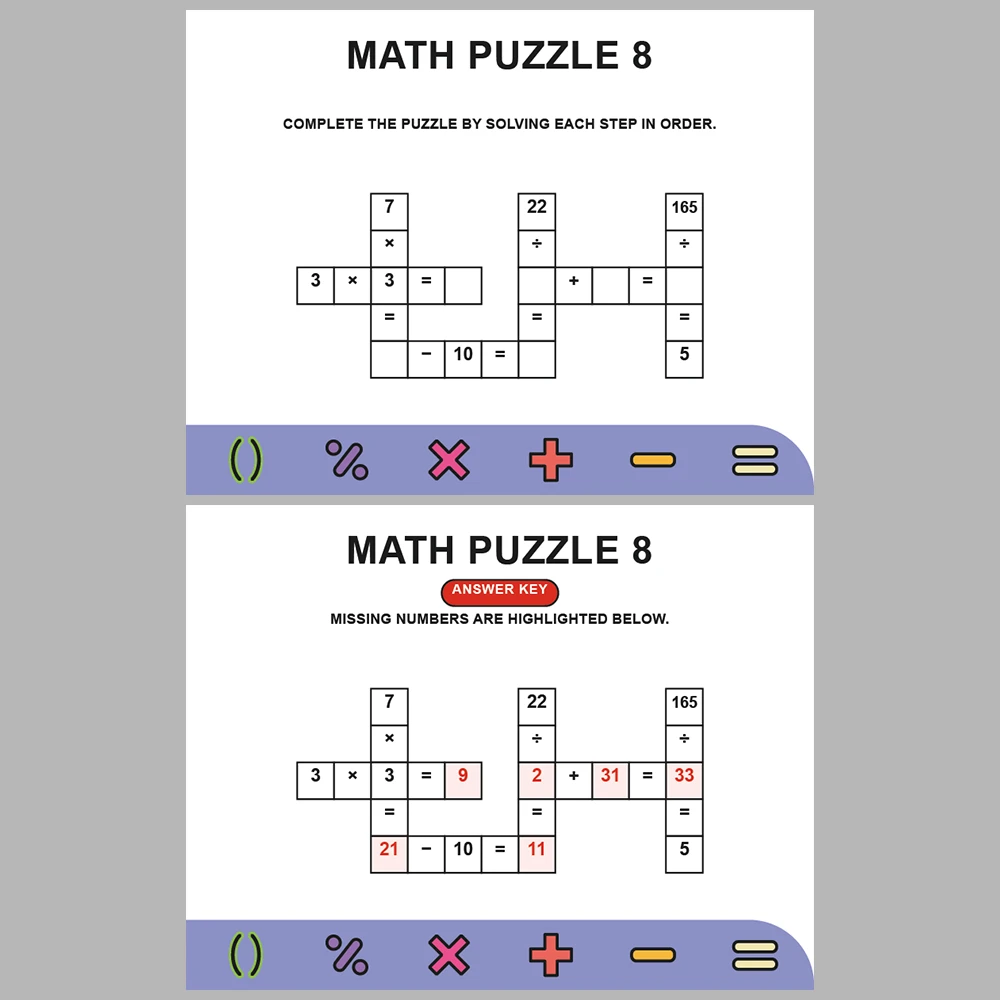 Math Puzzle Four Operations 10 Puzzle Pages + 10 Answer Key Pages (Vol. 13)
