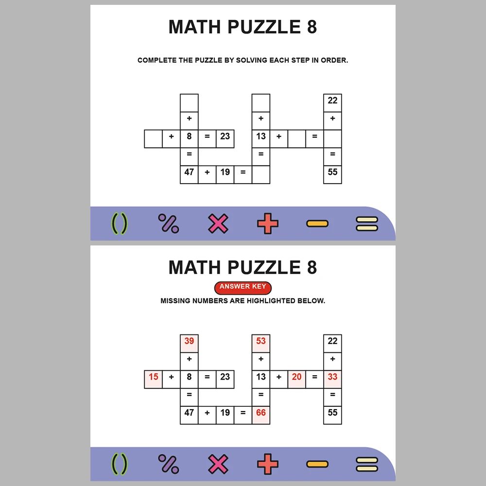 Math Puzzle Addition 10 Puzzle Pages + 10 Answer Key Pages (Vol. 10)