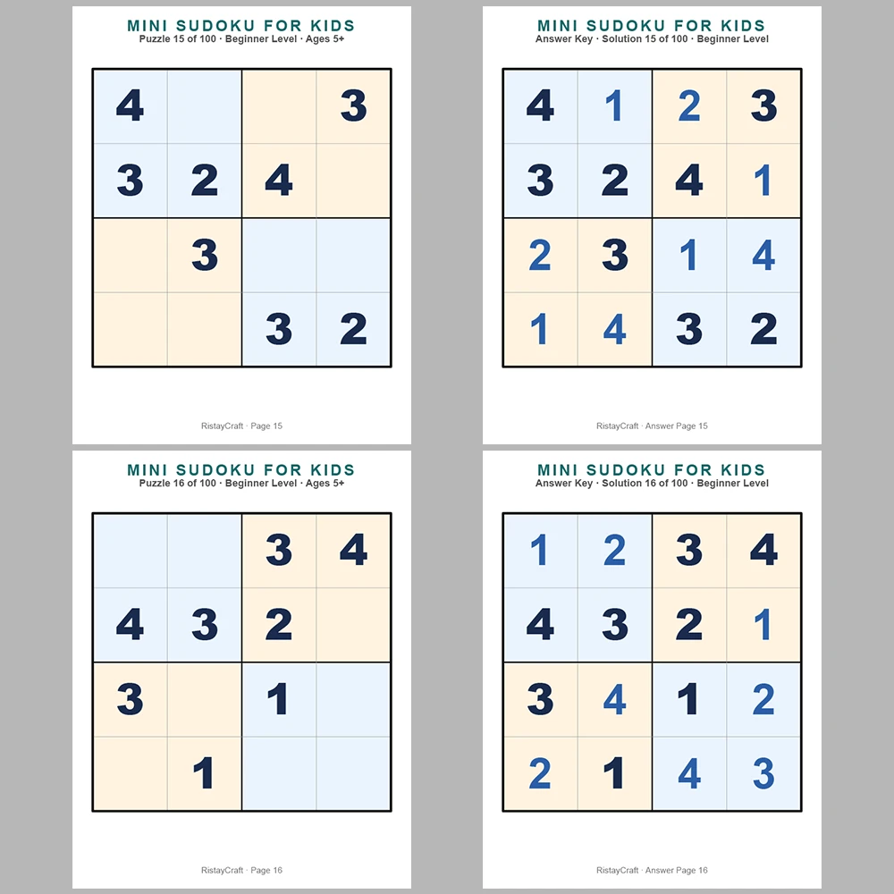 Mini Sudoku Puzzle for Kids 100 Puzzle Pages + 100 Answer Key Pages