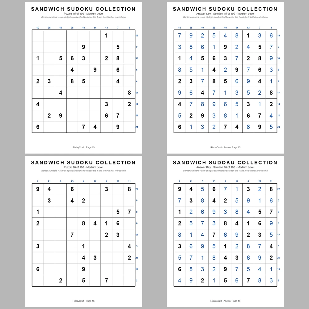 Suooku Puzzle Sandwich Sudoku 100 Puzzle Pages + 100 Answer Key Pages
