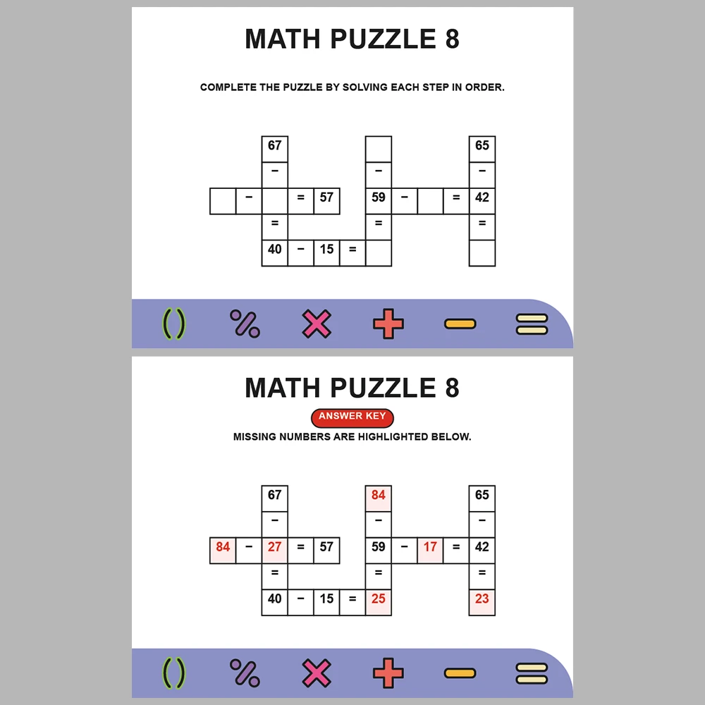Math Puzzle Subtraction 10 Puzzle Pages + 10 Answer Key Pages (Vol. 9)