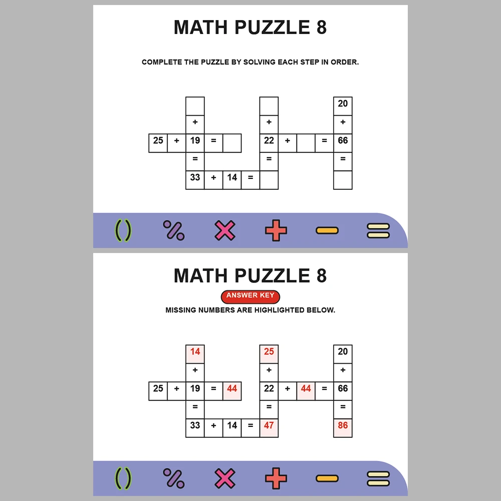 Math Puzzle Addition 10 Puzzle Pages + 10 Answer Key Pages (Vol. 8)