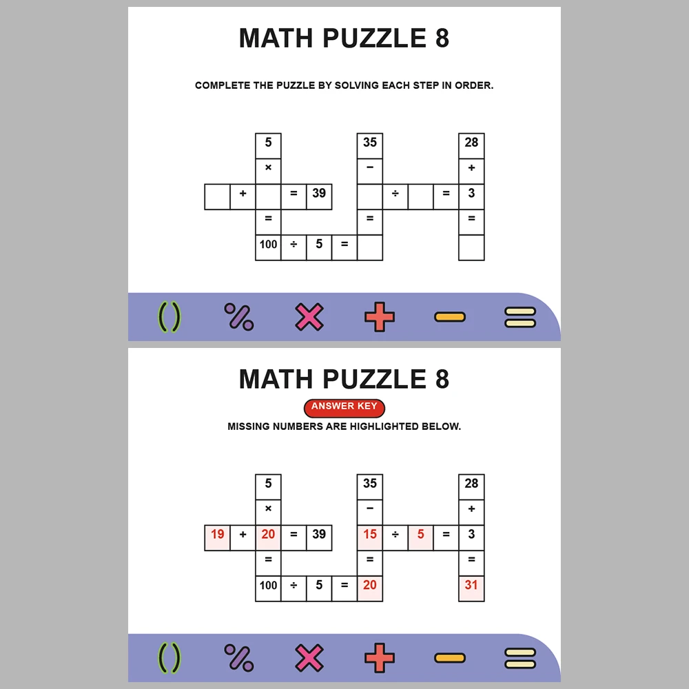 Math Puzzle Four Operations 10 Puzzle Pages + 10 Answer Key Pages (Vol. 8)
