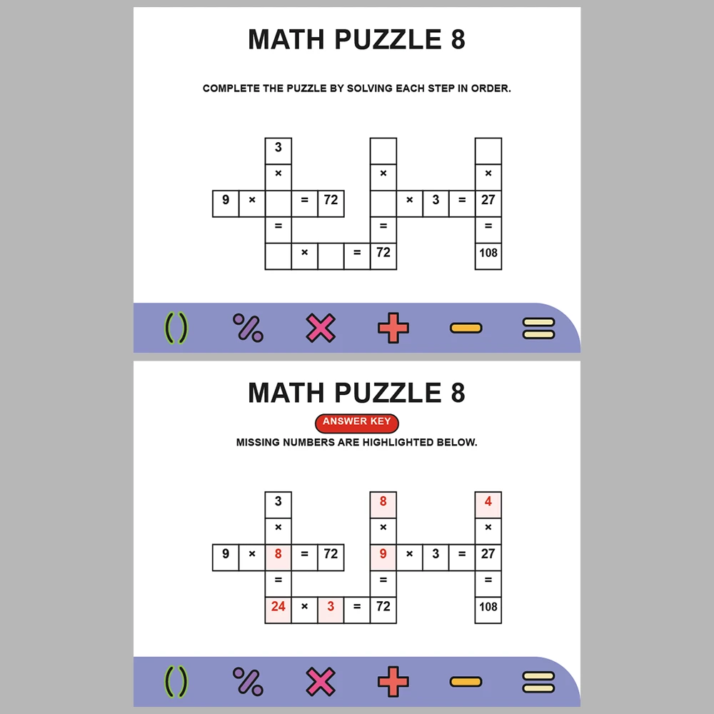 Math Puzzle Multiplication 10 Puzzle Pages + 10 Answer Key Pages (Vol. 4)