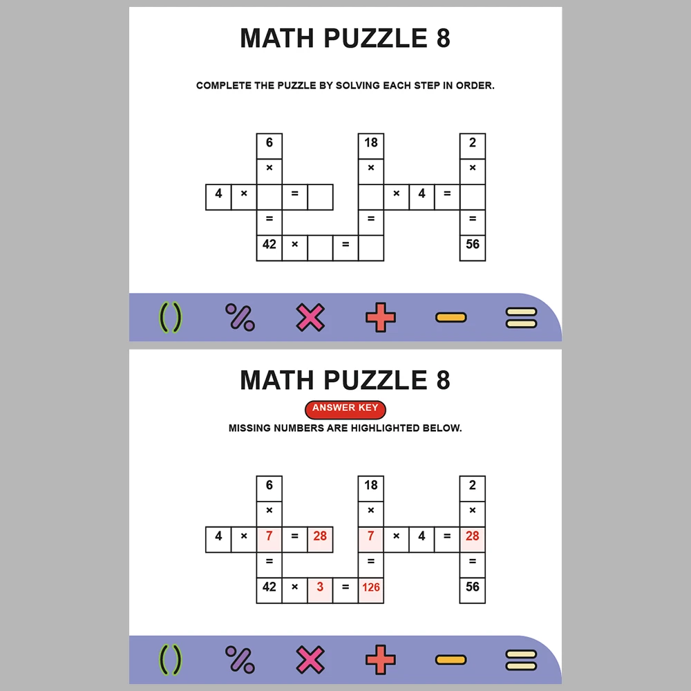 Math Puzzle Multiplication 10 Puzzle Pages + 10 Answer Key Pages (Vol. 9)