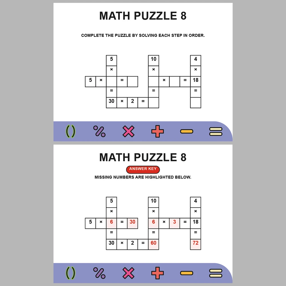 Math Puzzle Multiplication 10 Puzzle Pages + 10 Answer Key Pages (Vol. 1)