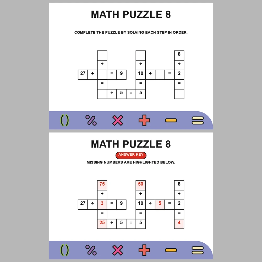Math Puzzle Division 10 Puzzle Pages + 10 Answer Key Pages (Vol. 10)