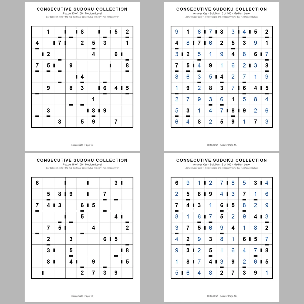 Sudoku Puzzle Consecutive Sudoku 100 Puzzle Pages + 100 Answer Key Pages