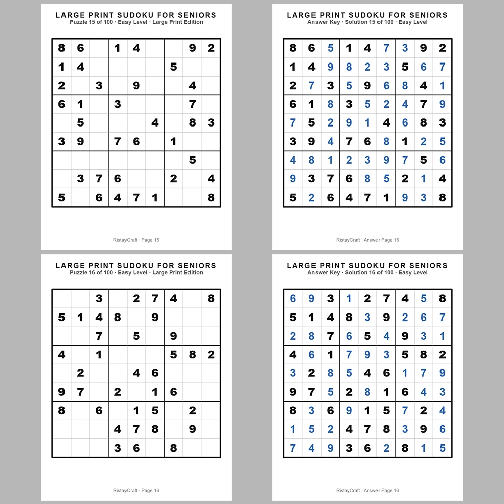 Sudoku P Puzzle Senior – Easy 100 Puzzle Pages + 100 Answer Key Pages