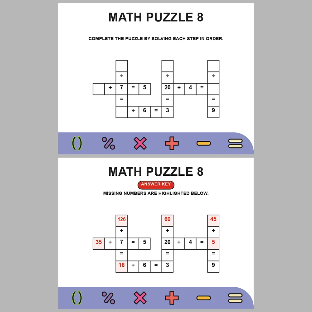 Math Puzzle Division 10 Puzzle Pages + 10 Answer Key Pages (Vol. 5)