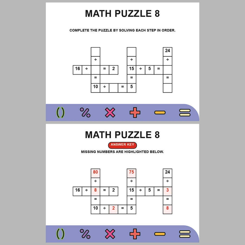 Math Puzzle Division 10 Puzzle Pages + 10 Answer Key Pages (Vol. 8)