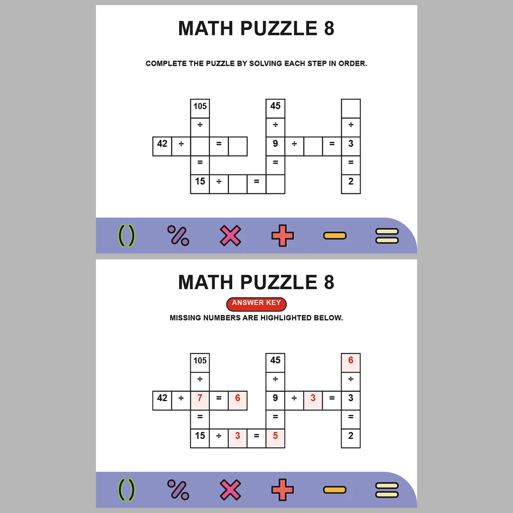 Math Puzzle Division 10 Puzzle Pages + 10 Answer Key Pages (Vol. 6)