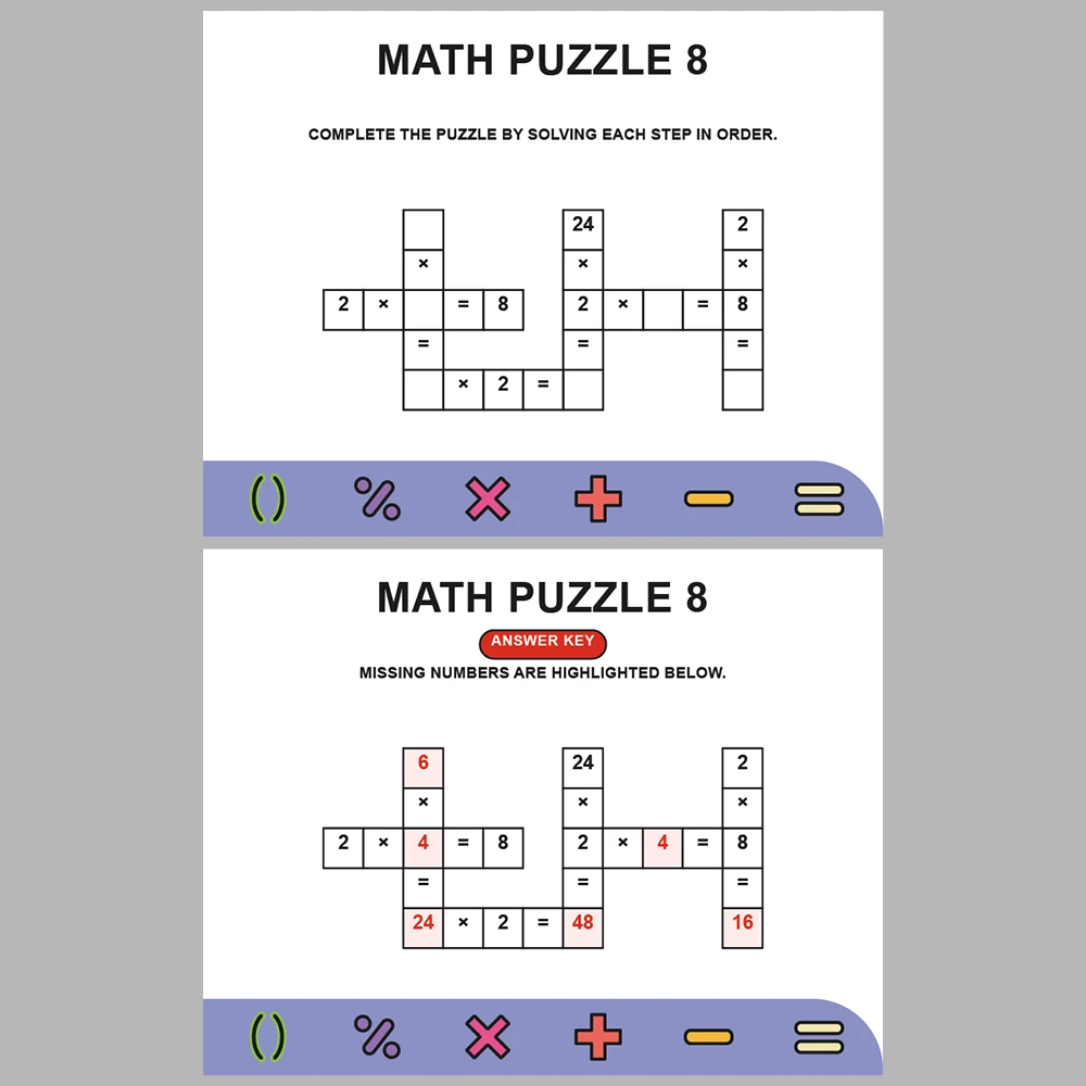 Math Puzzle Multiplication 10 Puzzle Pages + 10 Answer Key Pages (Vol. 8)