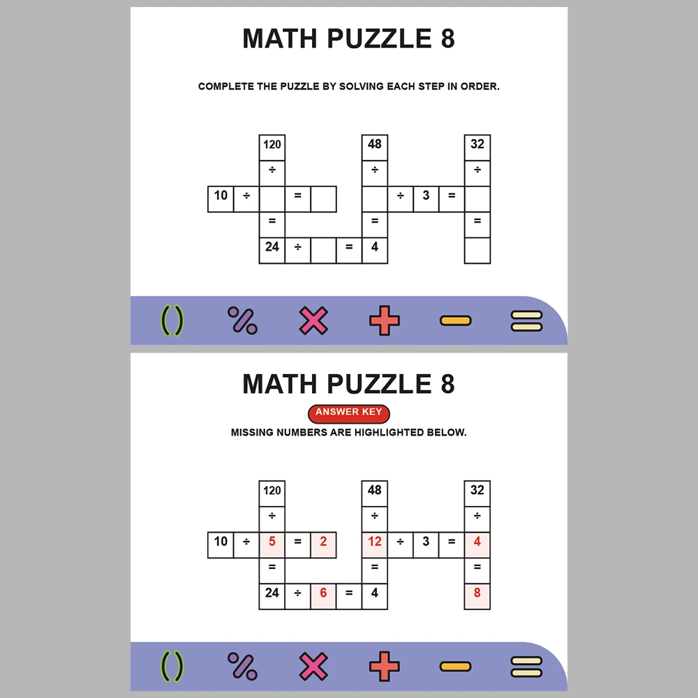 Math Puzzle Division 10 Puzzle Pages + 10 Answer Key Pages (Vol. 7)