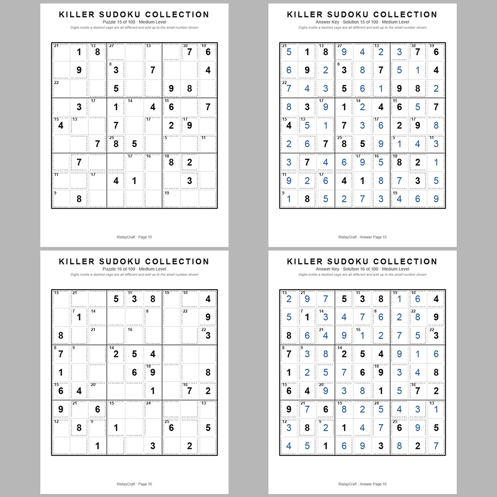 Sudoku Puzzle Killer Sudoku 100 Puzzle Pages + 100 Answer Key Pages