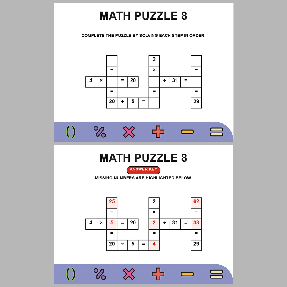 Math Puzzle Four Operations 10 Puzzle Pages + 10 Answer Key Pages (Vol. 5)
