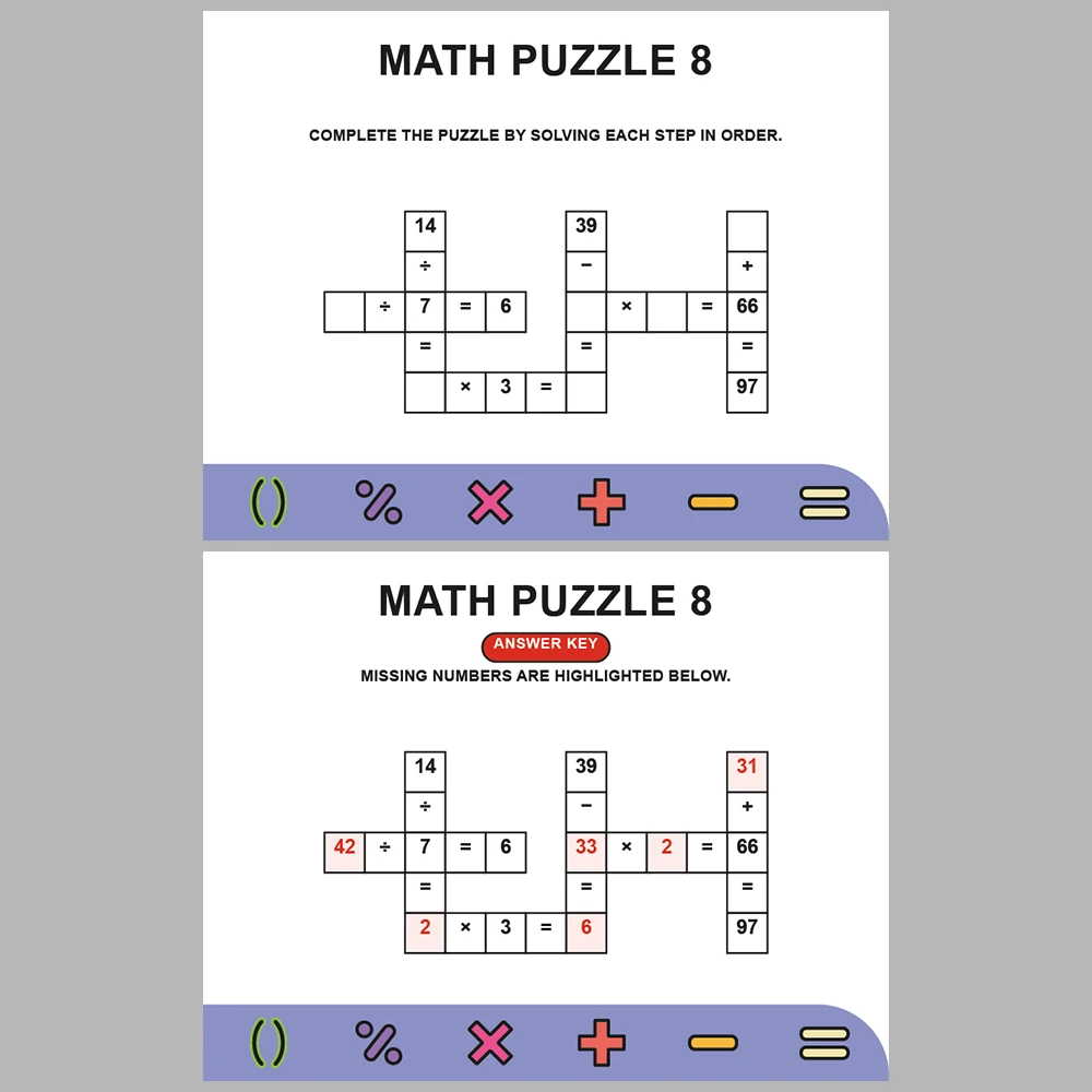 Math Puzzle Four Operations 10 Puzzle Pages + 10 Answer Key Pages (Vol. 16)