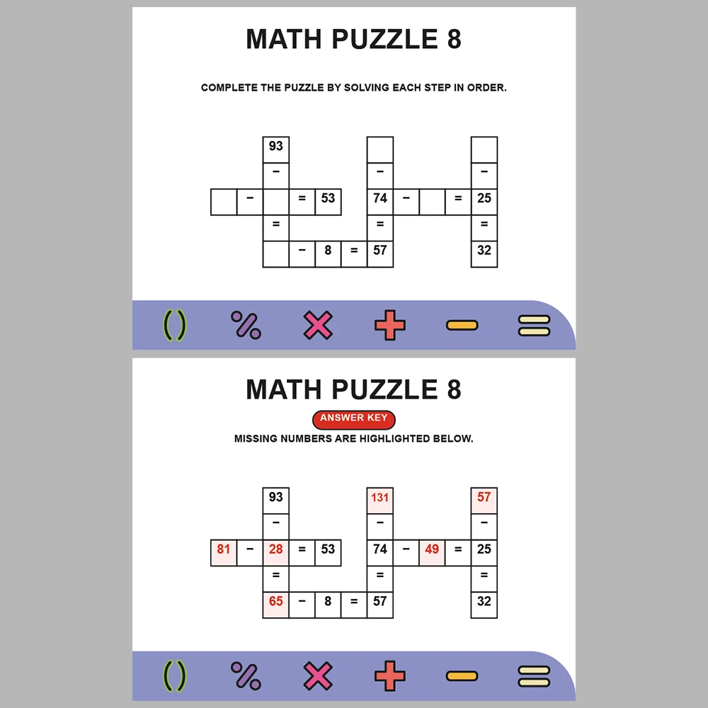 Math Puzzle Subtraction 10 Puzzle Pages + 10 Answer Key Pages (Vol. 6)