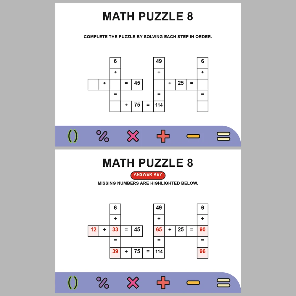 Math Puzzle Addition 10 Puzzle Pages + 10 Answer Key Pages (Vol. 9)
