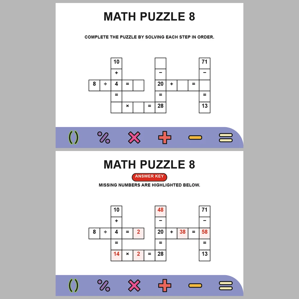Math Puzzle Four Operations 10 Puzzle Pages + 10 Answer Key Pages (Vol. 12)