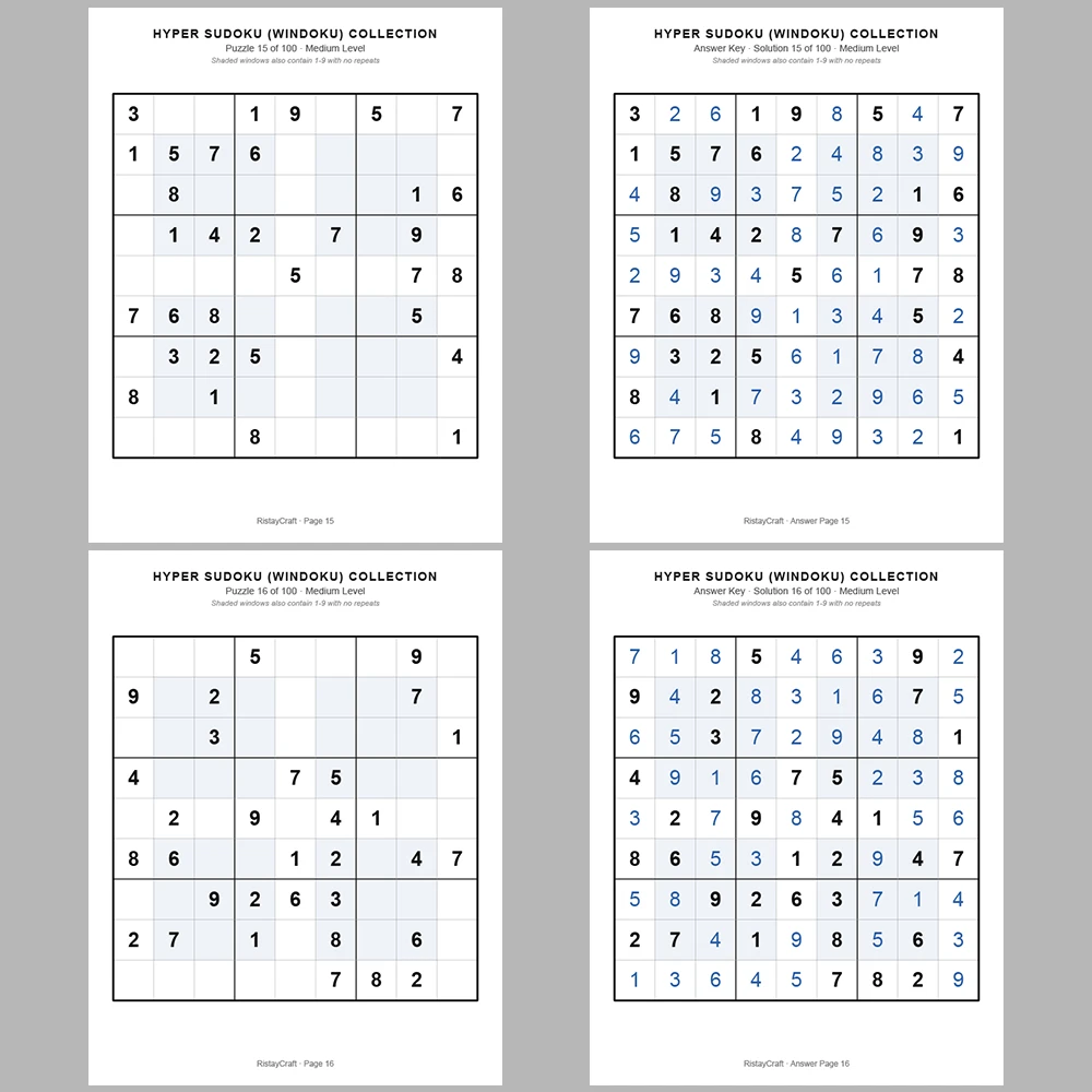 Sudoku Puzzle Hyper Sudoku 100 Puzzle Pages + 100 Answer Key Pages