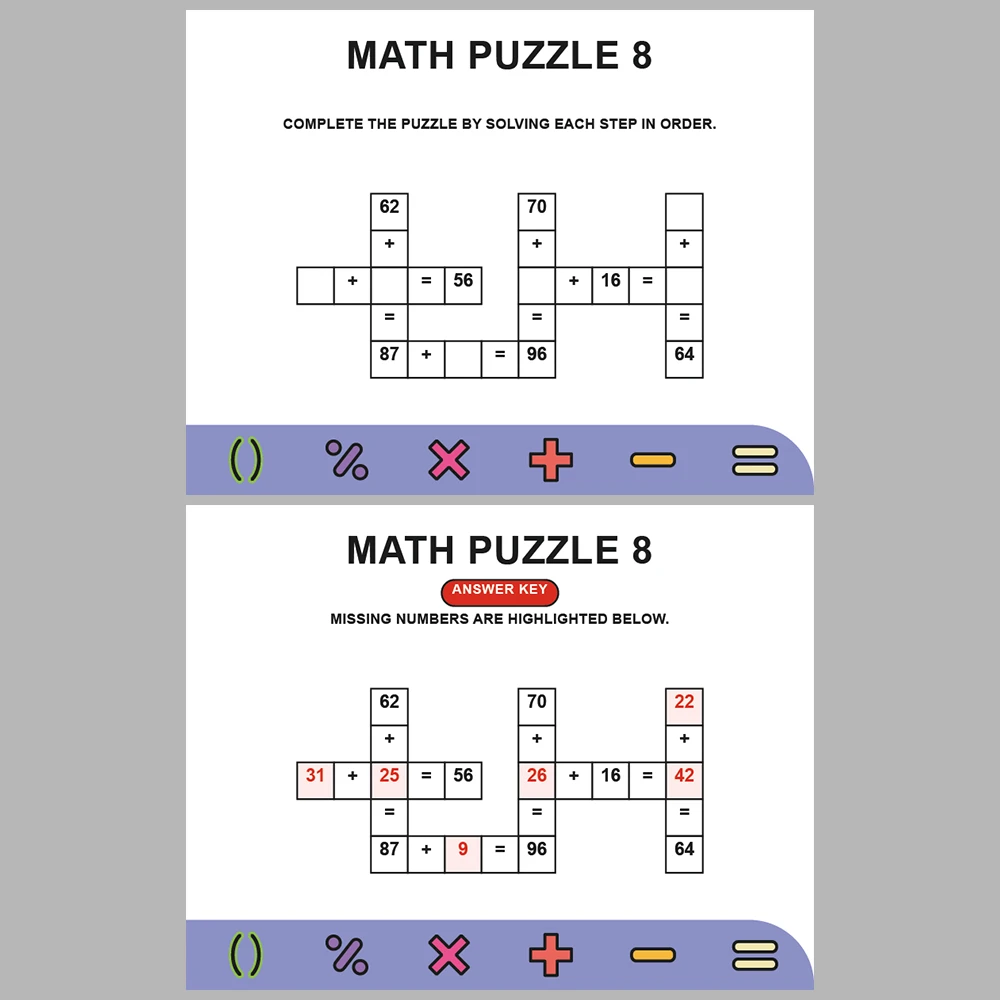 Math Puzzle Addition 10 Puzzle Pages + 10 Answer Key Pages (Vol. 3)