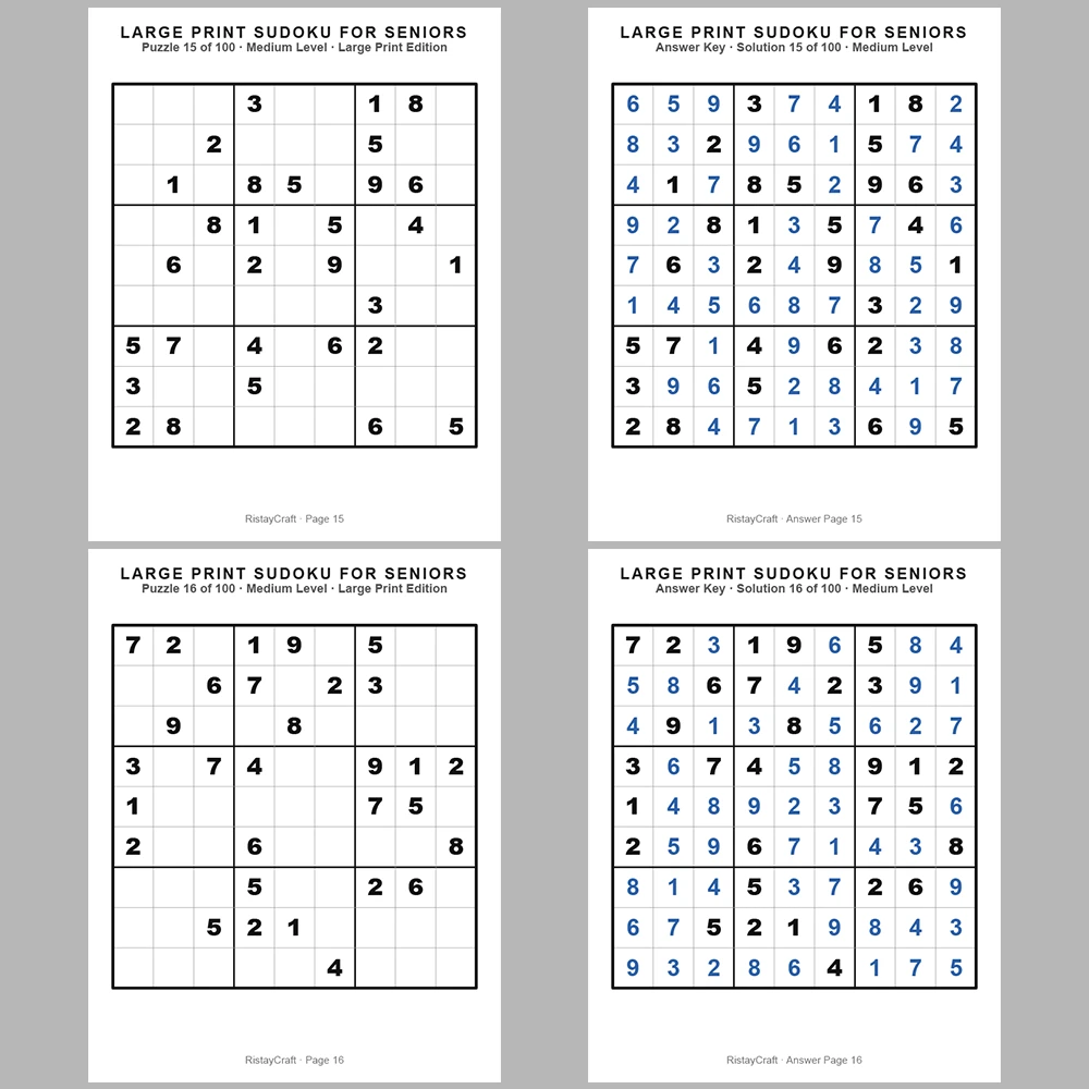 Sudoku Puzzle Senior – Medium 100 Puzzle Pages + 100 Answer Key Pages