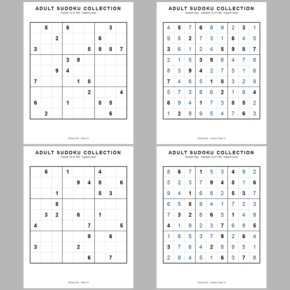 Sudoku Puzzle Adult Expert 100 Puzzle Pages + 100 Answer Key Pages