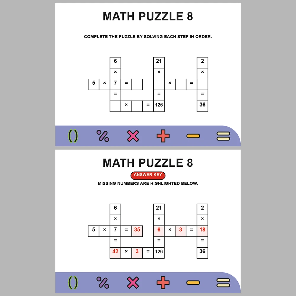 Math Puzzle Multiplication 10 Puzzle Pages + 10 Answer Key Pages (Vol. 6)