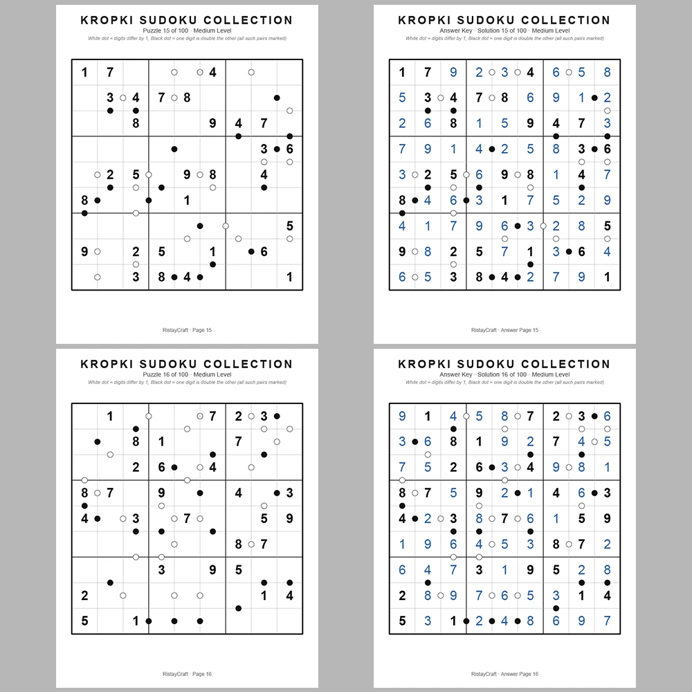 Sudoku Puzzle Kropki Sudoku 100 Puzzle Pages + 100 Answer Key Pages
