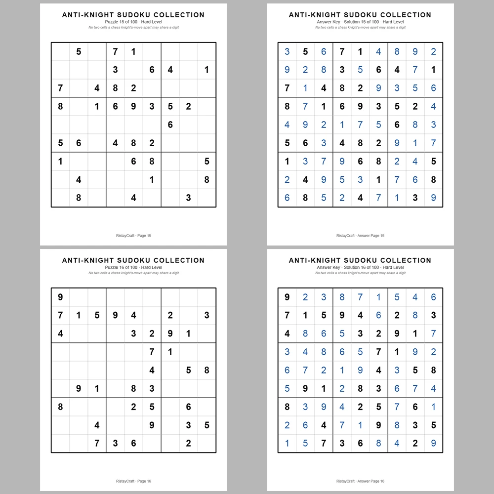 Sudoku Puzzle Anti-knight Sudoku 100 Puzzle Pages + 100 Answer Key Pages