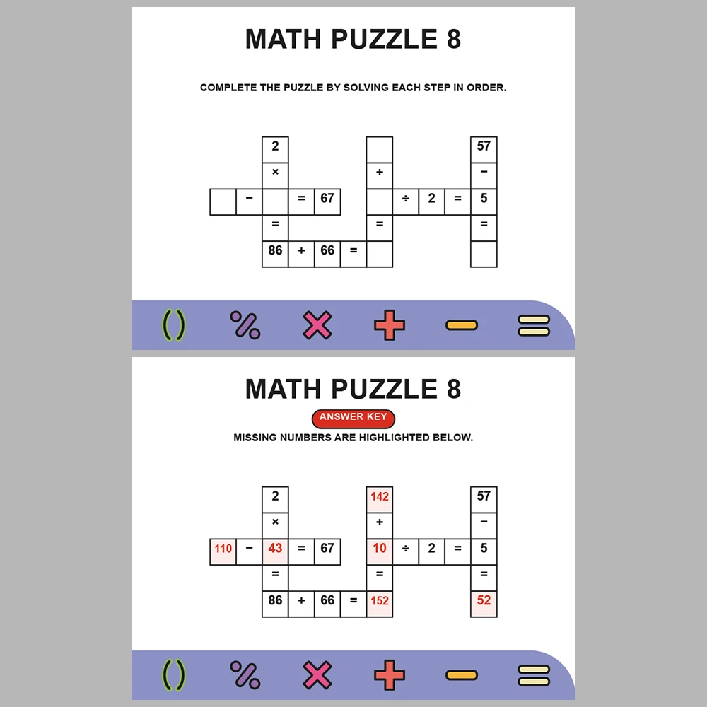 Math Puzzle Four Operations 10 Puzzle Pages + 10 Answer Key Pages (Vol. 17)