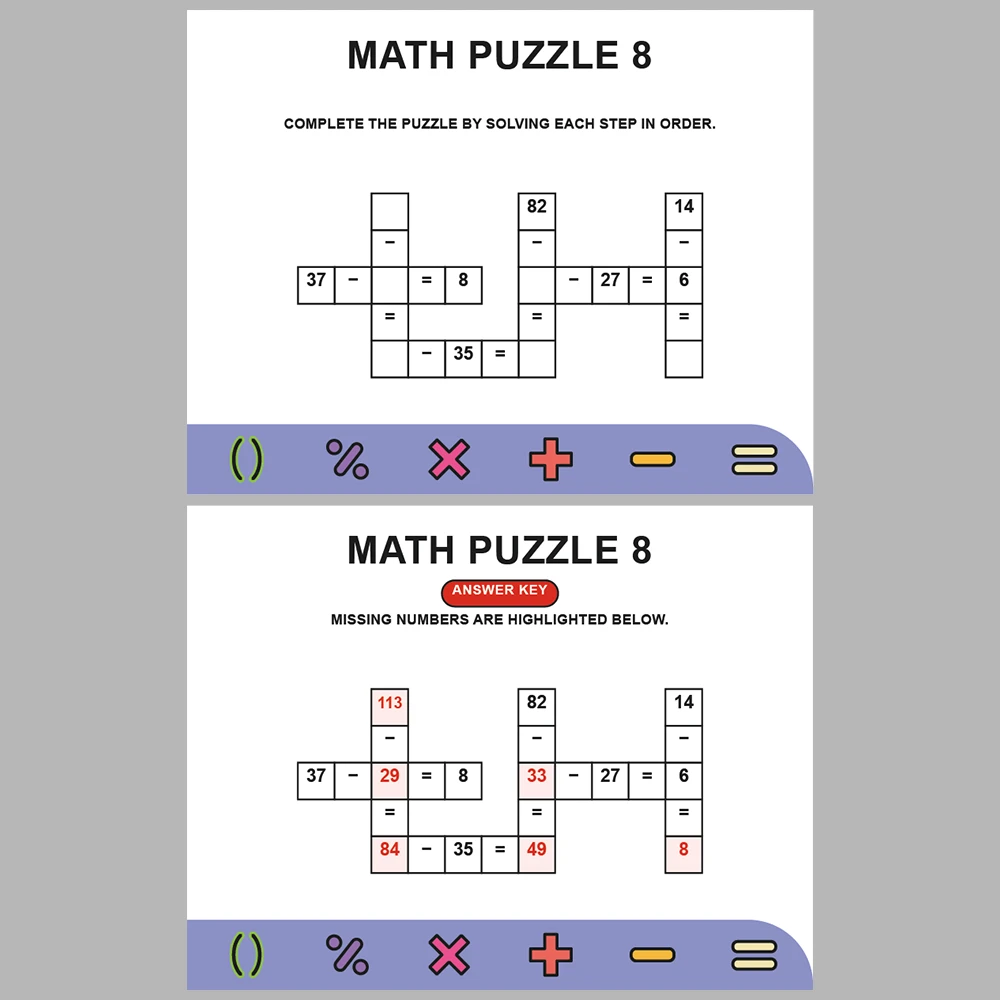 Math Puzzle Subtraction 10 Puzzle Pages + 10 Answer Key Pages (Vol. 3)