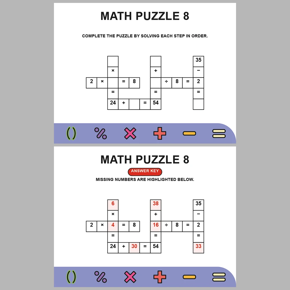 Math Puzzle Four Operations 10 Puzzle Pages + 10 Answer Key Pages (Vol. 10)