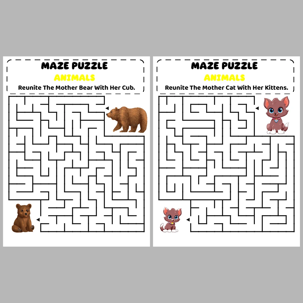 Mother and Baby Animal Kids Maze Puzzle 10 Pages of Puzzles