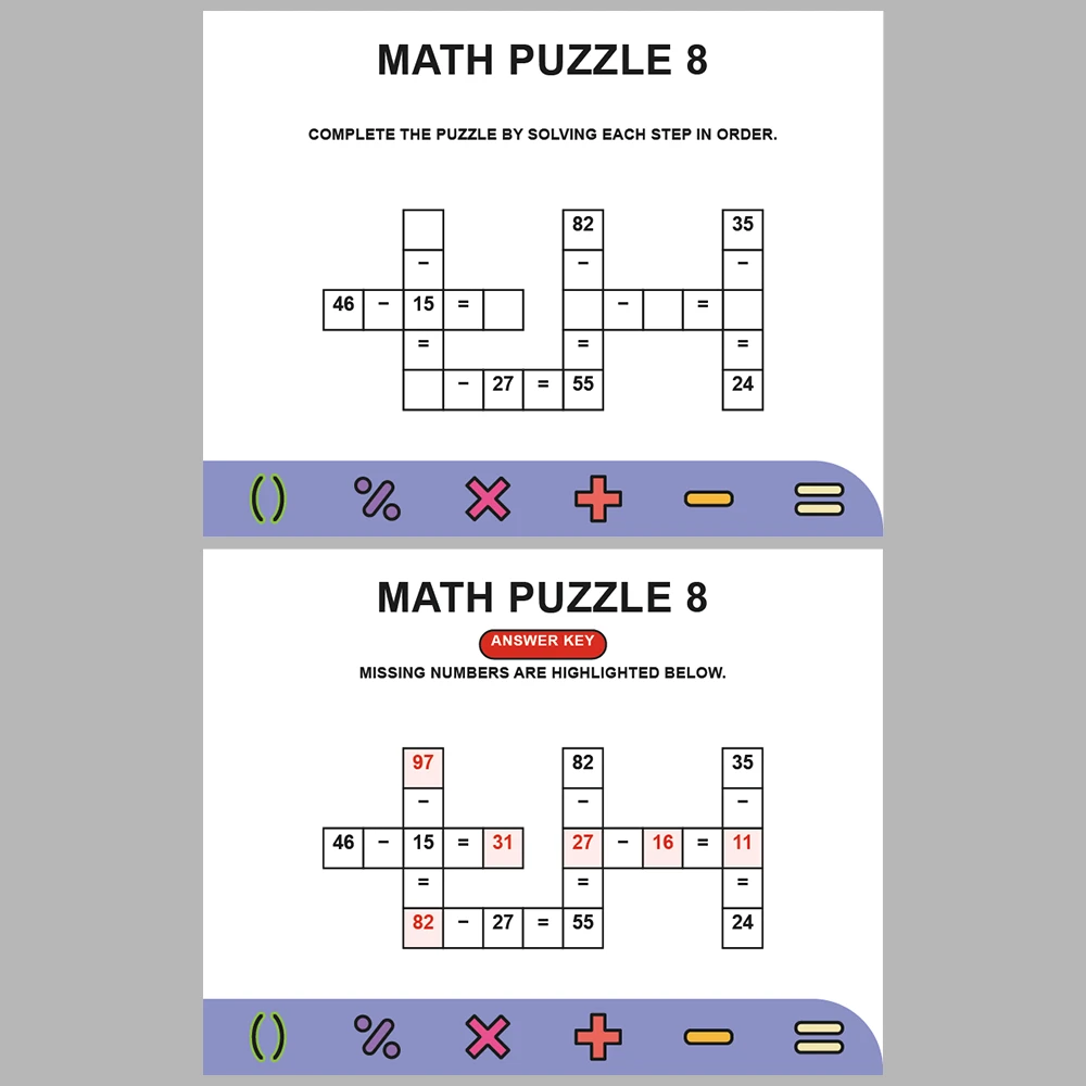 Math Puzzle Subtraction 10 Puzzle Pages + 10 Answer Key Pages (Vol. 7)