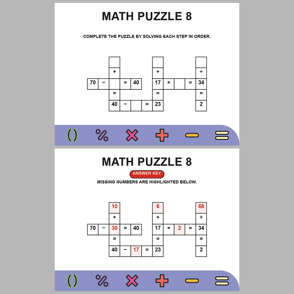 Math Puzzle Four Operations 10 Puzzle Pages + 10 Answer Key Pages (Vol. 14)