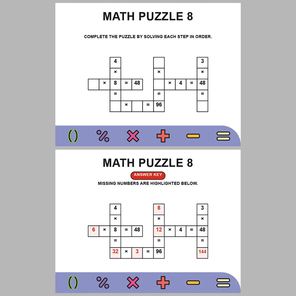 Math Puzzle Multiplication 10 Puzzle Pages + 10 Answer Key Pages (Vol. 5)