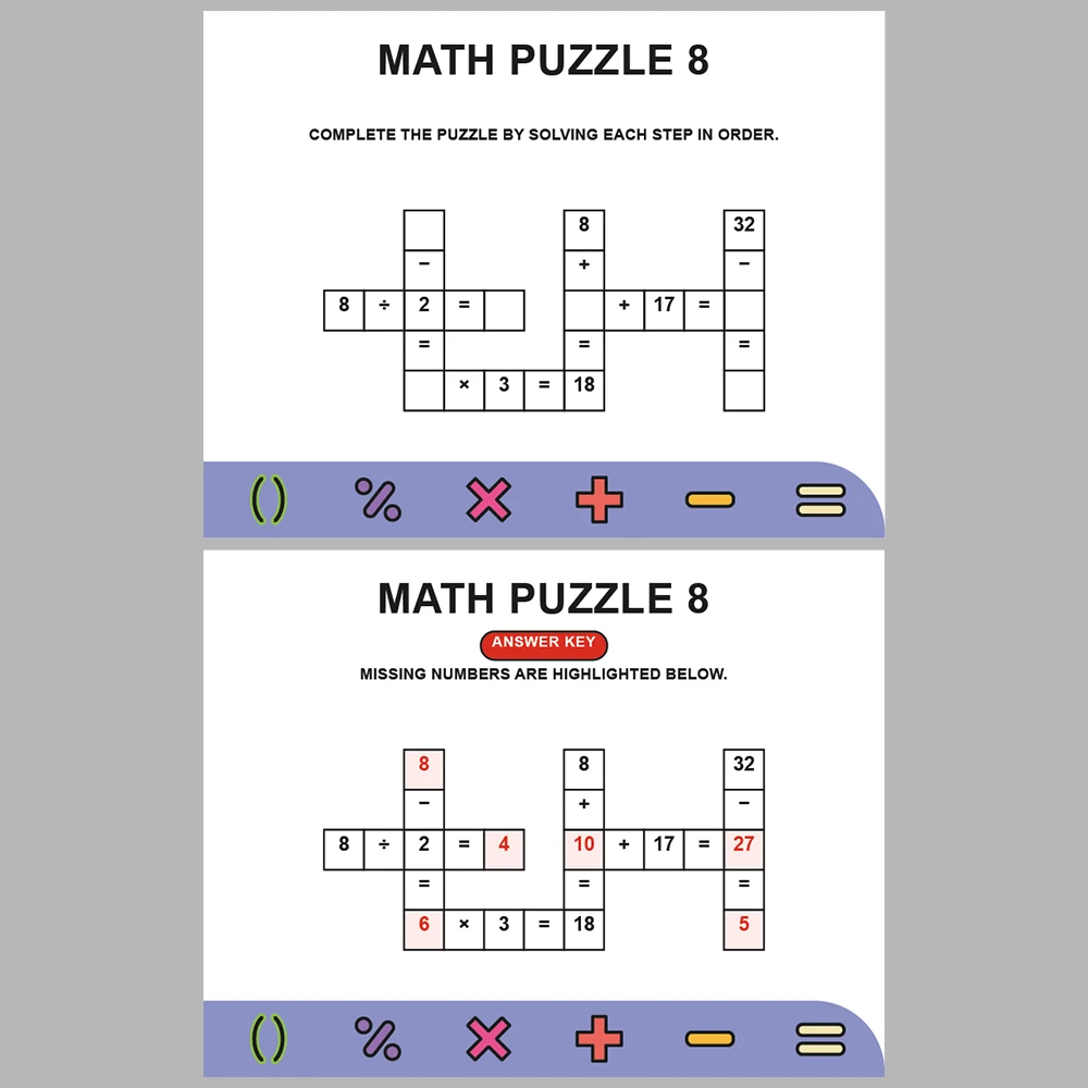 Math Puzzle Four Operations 10 Puzzle Pages + 10 Answer Key Pages (Vol. 1)