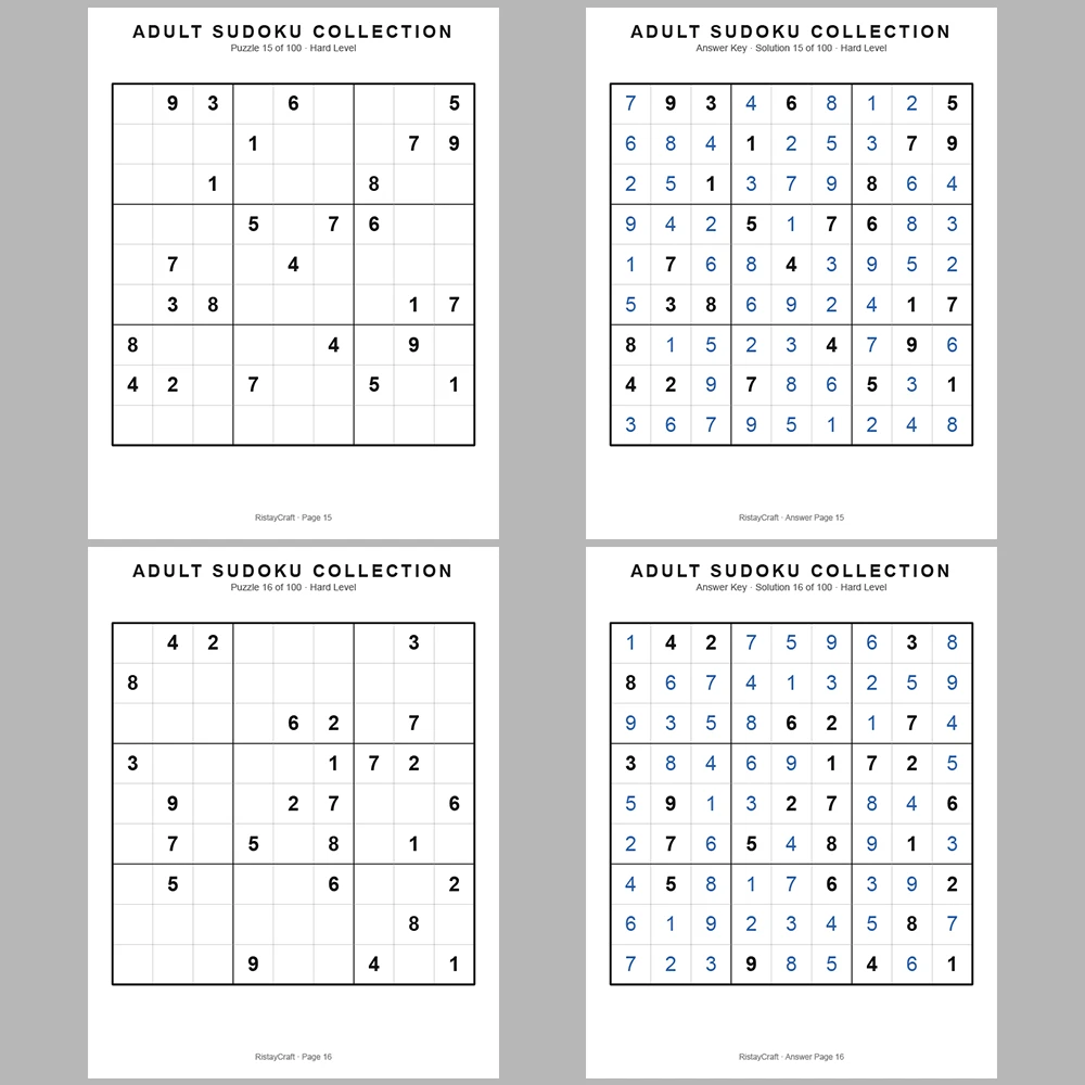 Sudoku Puzzle Adult Hard 100 Puzzle Pages + 100 Answer Key Pages