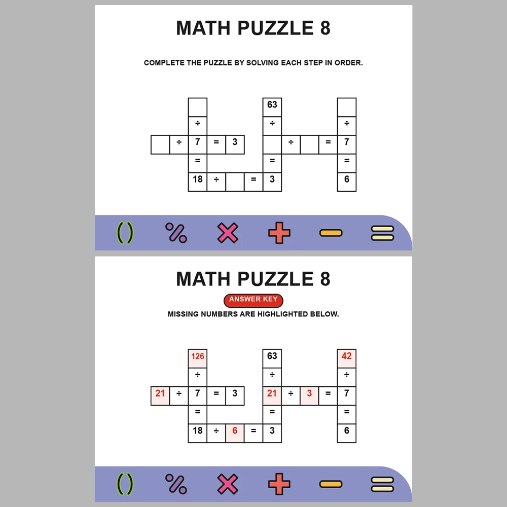Math Puzzle Division 10 Puzzle Pages + 10 Answer Key Pages (Vol. 9)