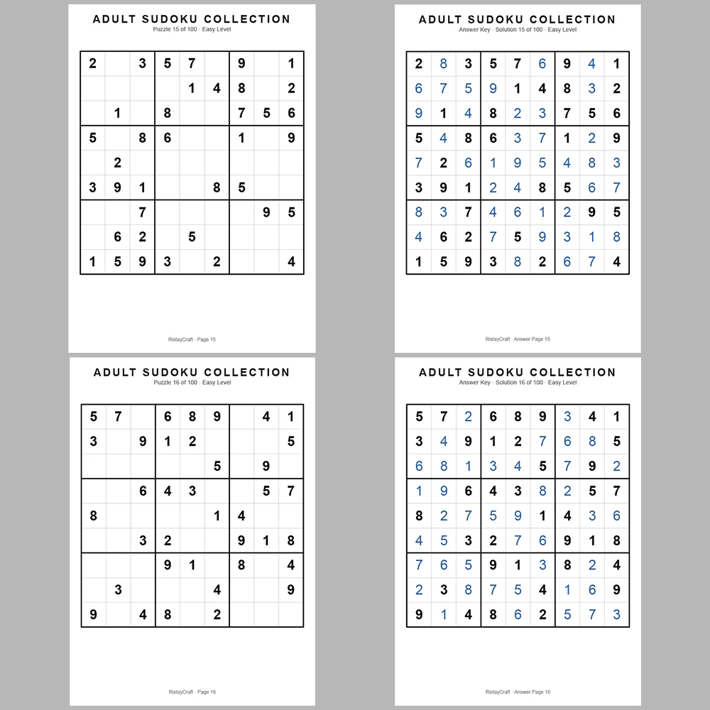 Sudoku Puzzle Adult Easy 100 Puzzle Pages + 100 Answer Key Pages