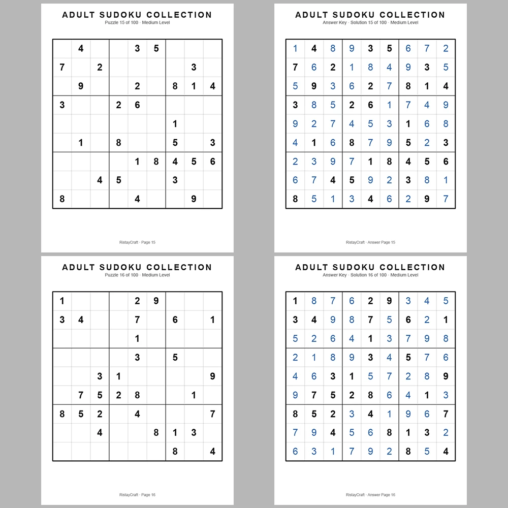 Sudoku Puzzle Adult Medium 100 Puzzle Pages + 100 Answer Key Pages